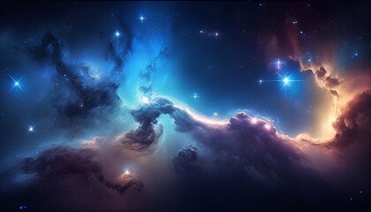Fototapeta na wymiar Spectacular View of Colorful Dark Blue Nebula and Shining Stars in Space
