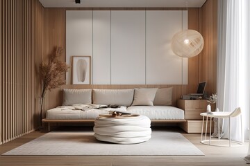 Domestic and cozy interior of living room with beige sofa, plants, shelf, coffee table, boucle rug, mock up poster frame, side table, plant and elegant decoration Beige wall. Home decor Generative AI