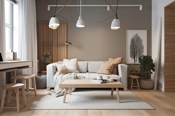 Domestic and cozy interior of living room with beige sofa, plants, shelf, coffee table, boucle rug, mock up poster frame, side table, plant and elegant decoration Beige wall. Home decor Generative AI