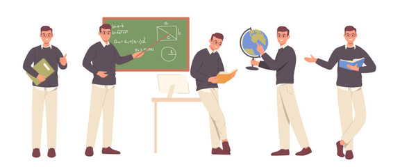 Teacher set, cartoon friendly smiling educator male character teaching vector illustration