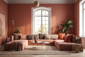 Coral or terracotta living room accent sectional sofa. The walls are dark beige. great art gallery location. Colorful house interior mockup, Generative AI