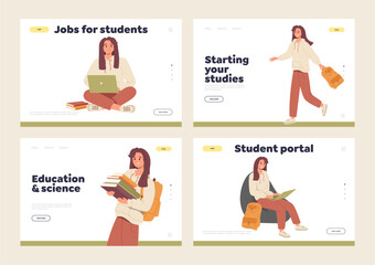 Set of landing page, website template and knowledge portal with happy female student character