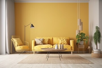 Cozy modern living room interior with yellow sofa and decoration room on a yellow or white wall background, Generative AI, Generative AI