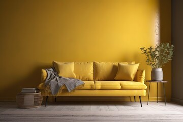 Cozy modern living room interior with yellow sofa and decoration room on a yellow or white wall background, Generative AI, Generative AI