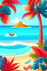 Fototapeta na wymiar Vector illustration on the theme of a summer vacation with a paradise island on a sea background. - generative ai 