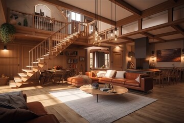 Cozy warm home interior of a chic country house with an open plan, wood finishes, warm colors and a family hearth. recreation area Generative AI