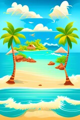 Fototapeta na wymiar Vector illustration on the theme of a summer vacation with a paradise island on a sea background. - generative ai 