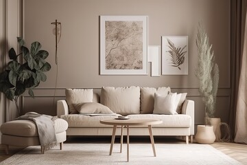 Generative AI Domestic and cozy interior of living room with beige sofa, plants, shelf, coffee table, boucle rug, mock up poster frame, side table, plant and elegant decoration Beige wall. Home decor,