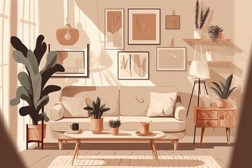 Generative AI Domestic and cozy interior of living room with beige sofa, plants, shelf, coffee table, boucle rug, mock up poster frame, side table, plant and elegant decoration Beige wall. Home decor,