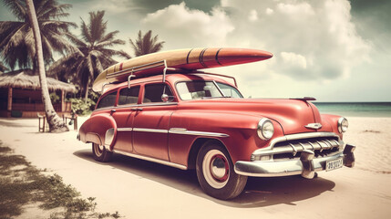 Obraz na płótnie Canvas Old car with surf board. Illustration AI Generative