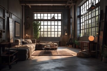 Fototapeta na wymiar Living room interior in loft, industrial style, 3d render, Generative AI