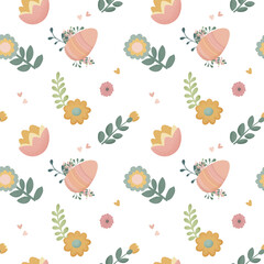 Easter seamless pattern with flowers, leaves and eggs