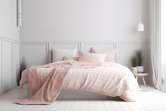 Light, cute and cozy home bedroom interior with unmade bed, pink plaid and cushions on empty white wall background. 3D rendering, Generative AI