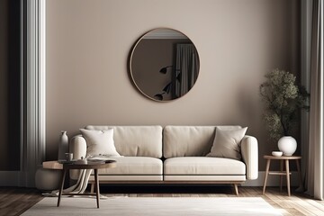 Mock up modern interior sofa in living room, empty wall, 3D render, Generative AI