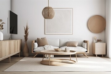 Scandinavian interior poster mock up white minimalist living room interior with sofa on a wooden floor, décor on a large wall, white landscape in window. Home Nordic interior