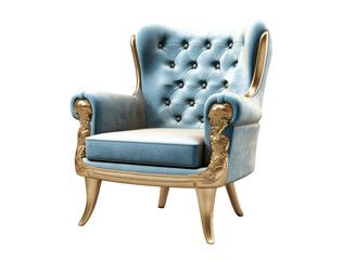 Blue and gold vintage armchair isolated on a transparent. Generative AI