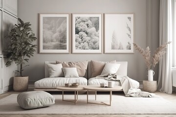 Mock up poster frame in modern interior background, living room, Scandinavian style, 3D render, 3D illustration, Generative AI