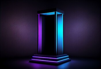 Vertical image podium with blue and purple neon glow on a black background, 3d render. Generative AI