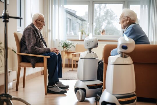 Robots helping taking care of seniors at a retirement home.. Generative AI