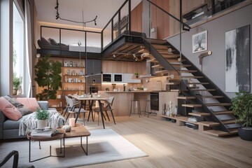Fototapeta na wymiar Stylish two - floor apartment with open space, Generative AI