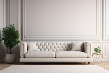 White Tufted Sofa Couch Mid - Century Modern Living Room Blank Empty Wall Copy Space, Generative AI