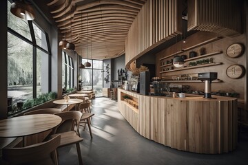 Wooden and gray coffee shop interior, Generative AI