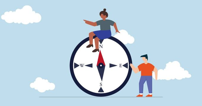 4k animation of Women leadership,confidence smart lady businesswoman team leader  sitting on compass leading the way