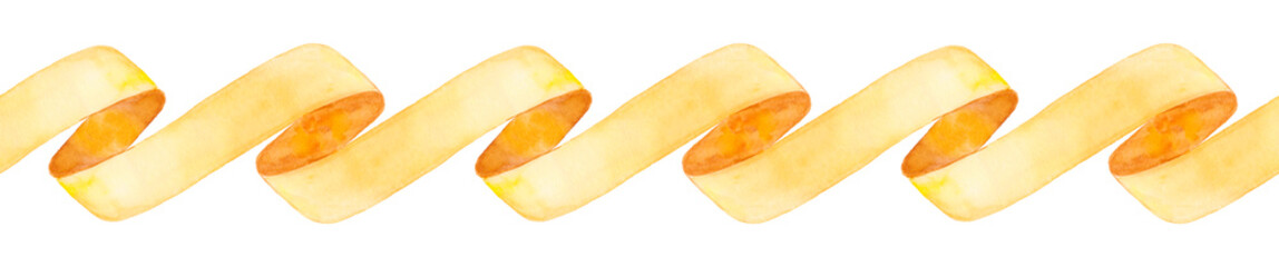 A yellow frame of satin ribbon on a white background, laid out with elongated turns in the form of a rectangle.