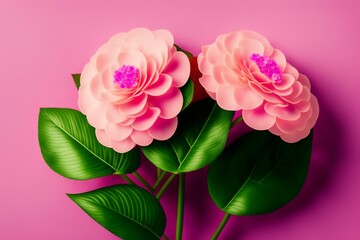 Fototapeta premium pink flower and green leaves, international women's day 