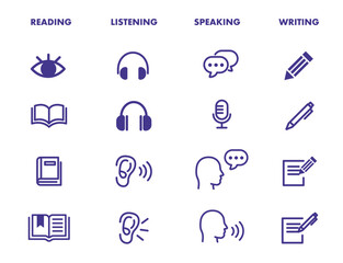 Language skill icon set speaking listening reading writing education test logo vector illustration circle symbol