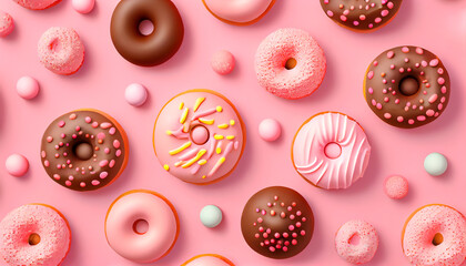 Pink and chocolate doughnuts on a pink background, top view, generative AI