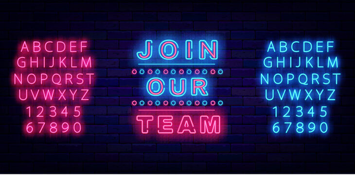 Join our team neon signboard. Vintage decor with circles. Welcome to our company. Vector stock illustration