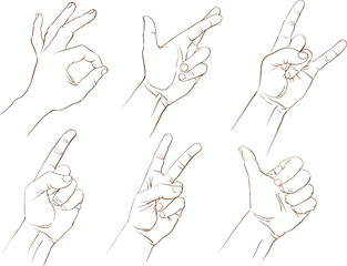Set of pictures - hand gestures, sign language. Pencil hand drawing