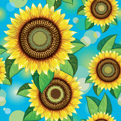 Sunflowers Bright Summer Nature Floral Vector Seamless Repeat Pattern Design  