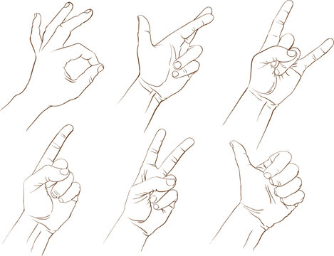 Set of pictures - hand gestures, sign language. Pencil drawing