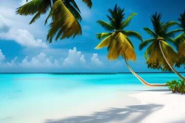 Tropical landscape of summer landscape, white sand with palm trees. Exotic coastal landscape. amazing nature - generative ai
