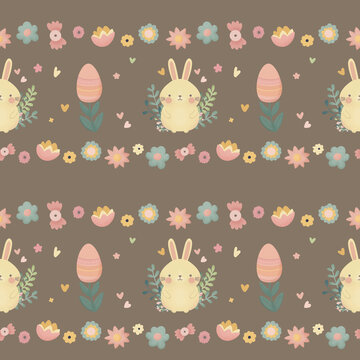 A bunny and flowers pattern on a dark blue background