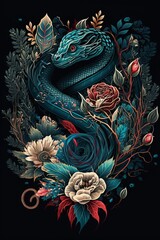 Snake and Flowers Gothic. Generative AI

