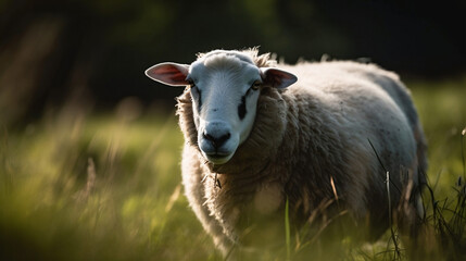 a fluffy cute white sheep roaming through a farm