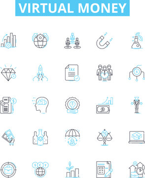 Virtual money vector line icons set. Cryptocurrency, E-money, Token, Crypto, Fiatcoin, Digitalcash, Paycoin illustration outline concept symbols and signs