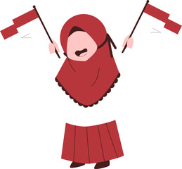 Indonesia Independence day illustration, happy kid holding Indonesia flag, cute kid character