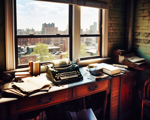 The working room of a 30s novel writer, an old typewriter on the desk, windows with view on Brooklyn, NYC - generative ai
