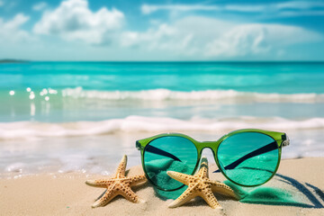 Fototapeta na wymiar Sunglasses, starfish, turquoise beautiful background for summer beach holiday. Summer vacation, tropical beach with turquoise water, summer holidays vacation. generative ai 