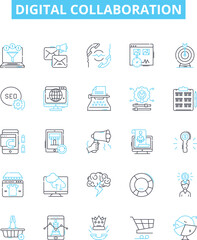 Digital collaboration vector line icons set. Digital, collaboration, network, remote, teamwork, communication, sharing illustration outline concept symbols and signs