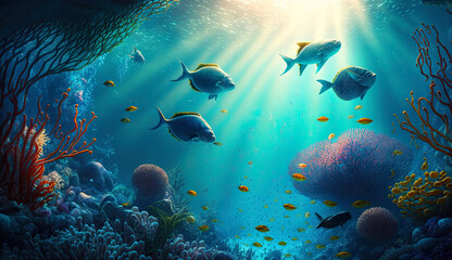 Fototapeta na wymiar Underwater world of coral and fish illustration. Generative ai