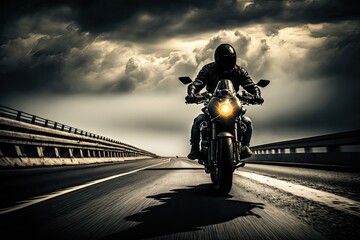 A biker enjoys a fast motorcycle ride in street conditions. AI generative