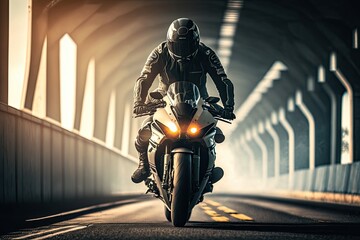 A biker enjoys a fast motorcycle ride in street conditions. AI generative