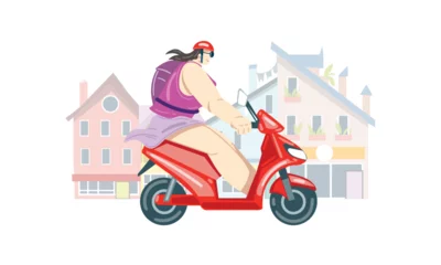 Foto op Plexiglas The girl rides a scooter around the city. © slava