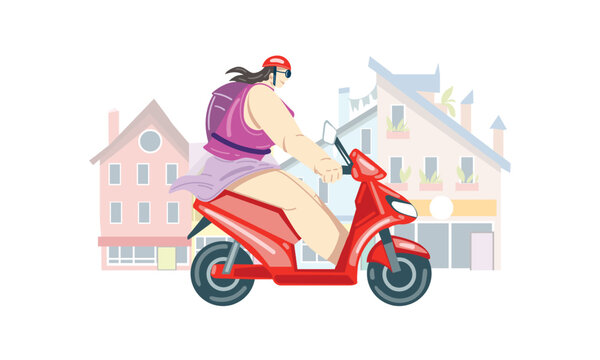 The girl rides a scooter around the city.
