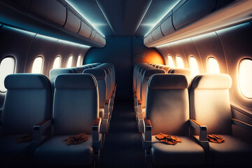 Interior of airplane with seats for passengers, bright sunlight through portholes, Generative AI illustration